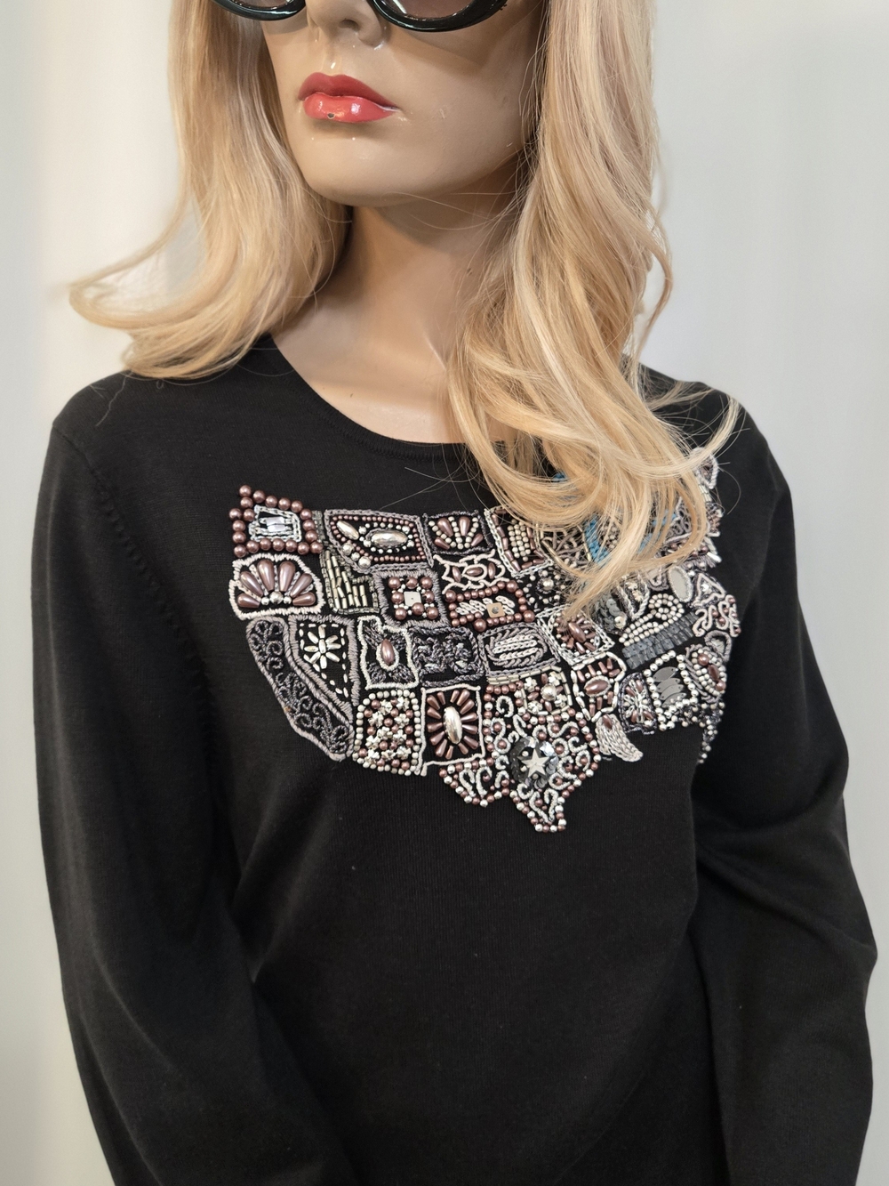 Michael Simon Black Crewneck 3 Quarter Sleeve Blouse with Beaded Patchwork